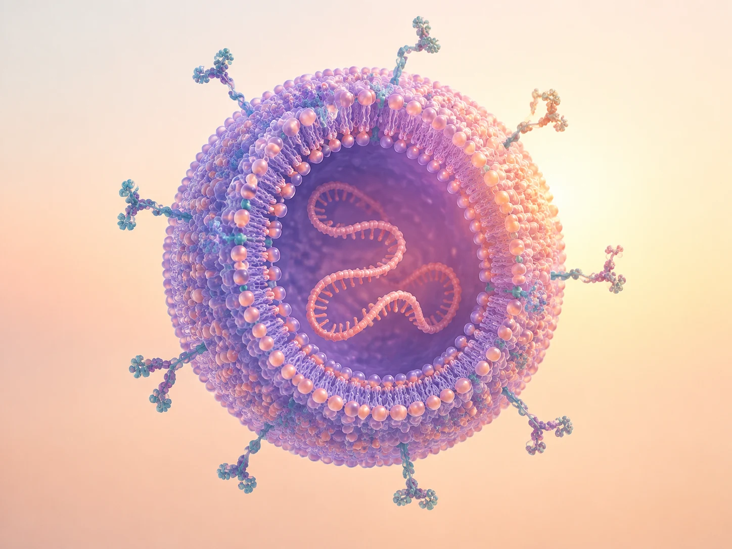 Conceptual targeted lipid nanoparticle cutaway showing lipid structure, RNA cargo and surface ligands