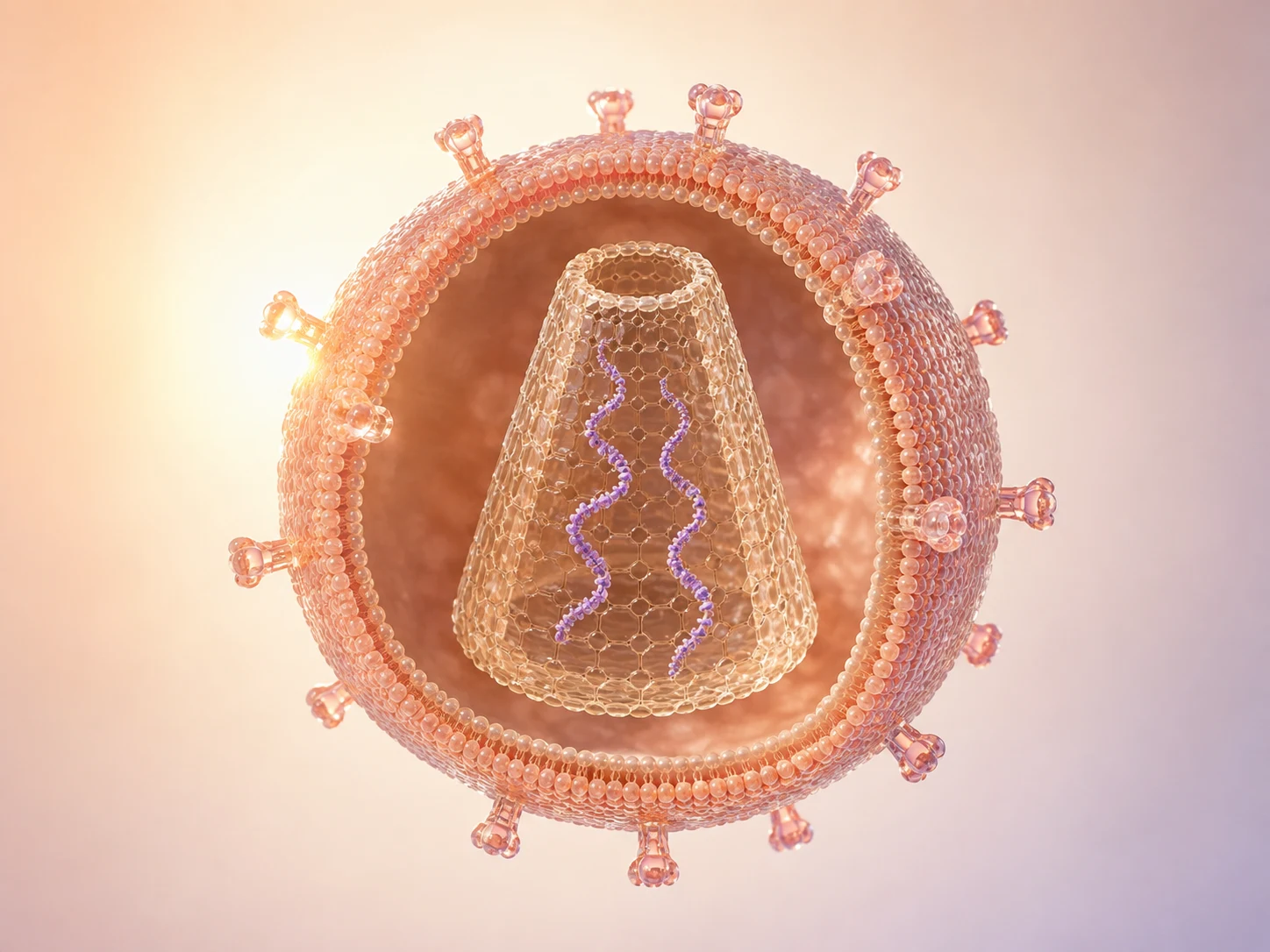 Conceptual sLV cutaway showing an enveloped lentiviral vector, capsid and RNA cargo