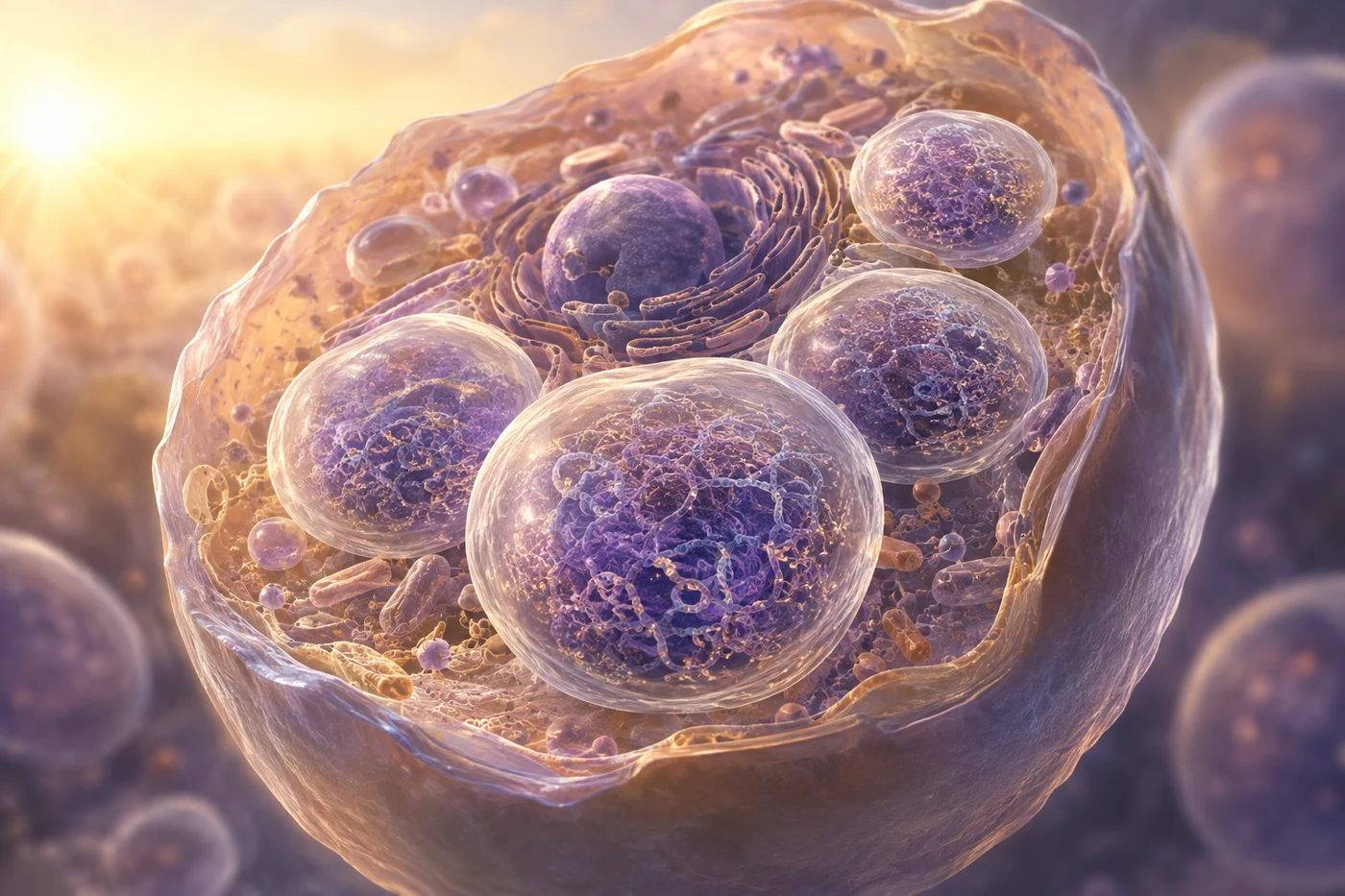 Conceptual cell cutaway showing lysosomes filled with accumulated GAG-like chains