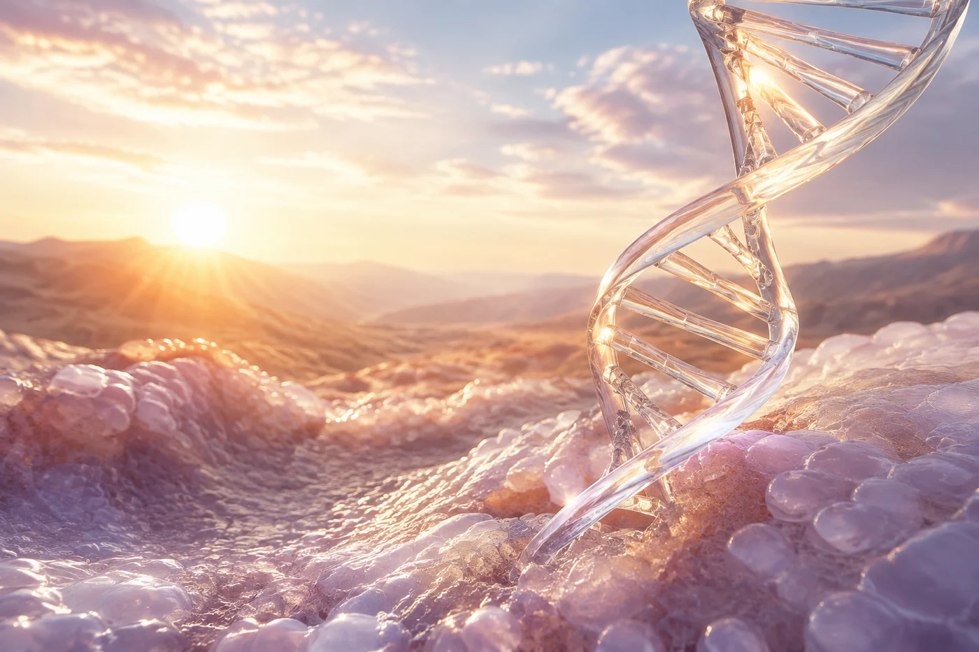 Conceptual genetic instructions above a biological tissue landscape at dawn